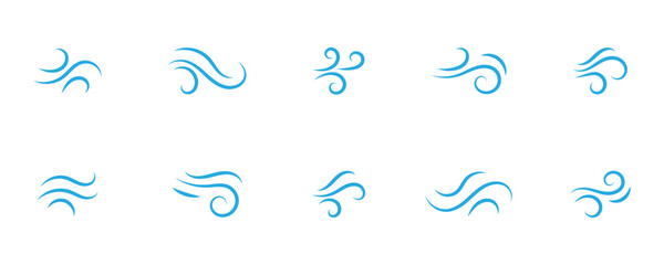 Naklejka premium Stylish wind and airflow vector icon set represent wind speed, direction and weather conditions. Graphic air flow line art icon isolated on white background. Vector illustration.