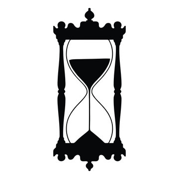 Ornate hourglass with flowing sand depicted as a black silhouette sandglass