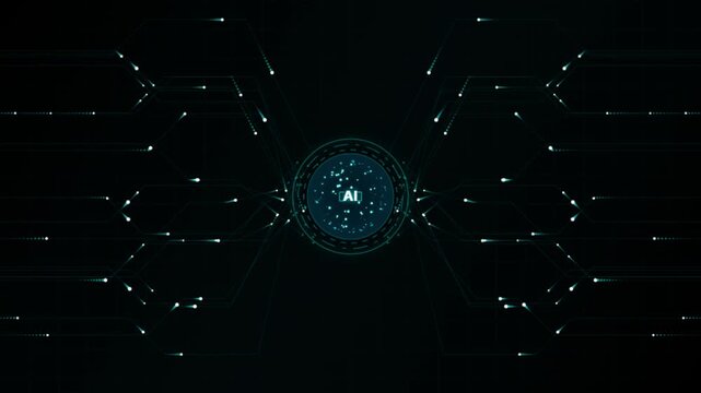Artificial intelligence AI circular core chip with circuit board network signals animation on grid background