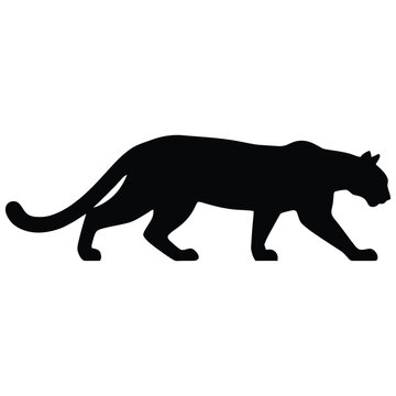 A black panther walking forward is depicted in a stark silhouette