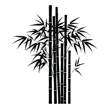 A detailed black bamboo plant with leaves is presented as a silhouette