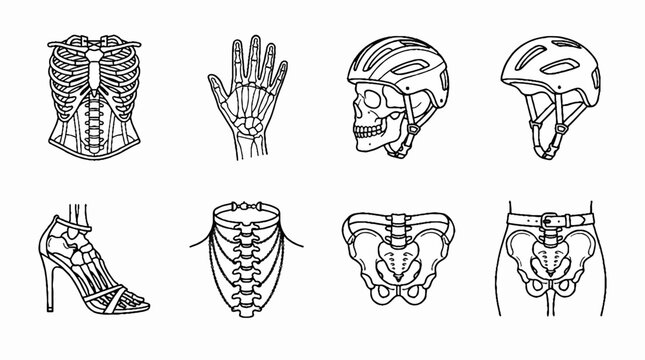 Set of line art illustrations depicting human skeletal structures and protective gear.