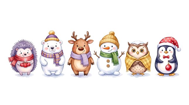 Cute winter animals standing together in warm scarves and hats, including a hedgehog, polar bear, reindeer, snowman, owl, and penguin in a cheerful watercolor illustration style.