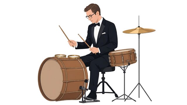 Drummer playing on stage with white background.