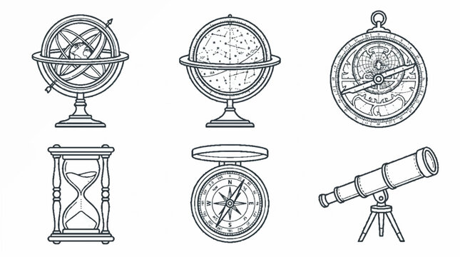 A collection of vintage scientific and navigational instruments illustrated in a hand-drawn sketch style.