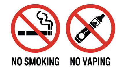 No smoking no vaping prohibition signs, tobacco and electronic cigarette ban symbols for public safety, health regulations and restricted area signage. © Razzak