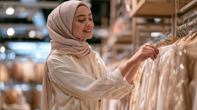 Muslim woman in beige hijab browsing clothing racks in a modern retail store, soft lighting highlighting various garments and a stylish shopping environment