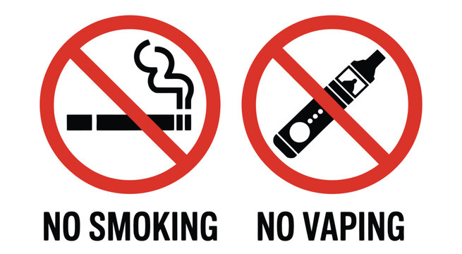 No smoking no vaping prohibition signs, tobacco and electronic cigarette ban symbols for public safety, health regulations and restricted area signage.