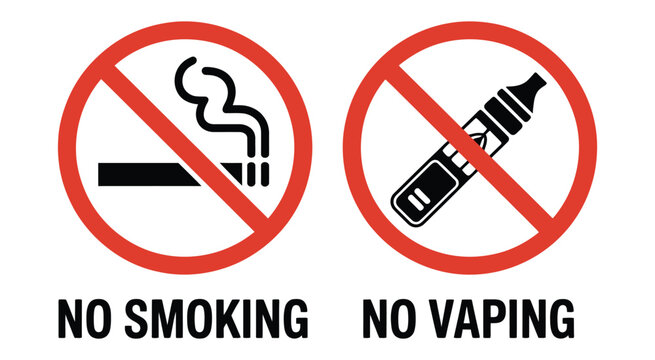 No smoking no vaping prohibition signs, tobacco and electronic cigarette ban symbols for public safety, health regulations and restricted area signage.