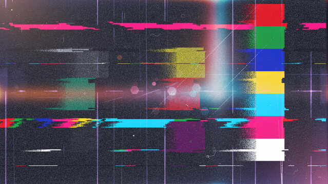 Static Glitch Color Bars Bokeh Texture Overlay: Retro Broadcast Signal Noise Background with RGB Color Blocks, Light Leak and Datamosh Distortion