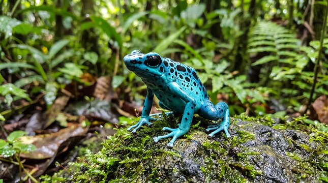 Blue poison dart frog on mossy rock, vibrant azure dendrobates tinctorius in tropical rainforest, exotic turquoise amphibian in jungle