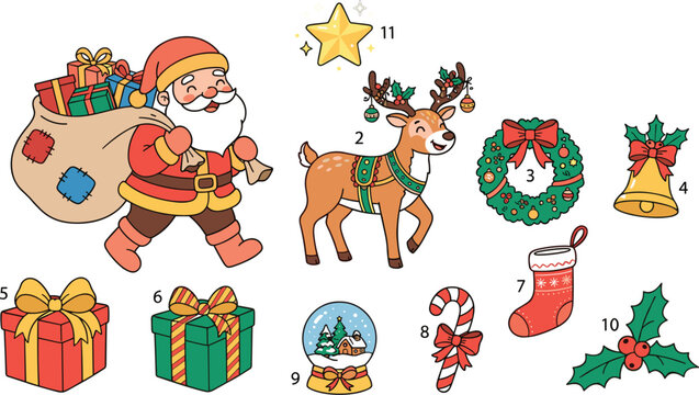 Cute Christmas elements and Santa Claus with reindeer vector icons set
