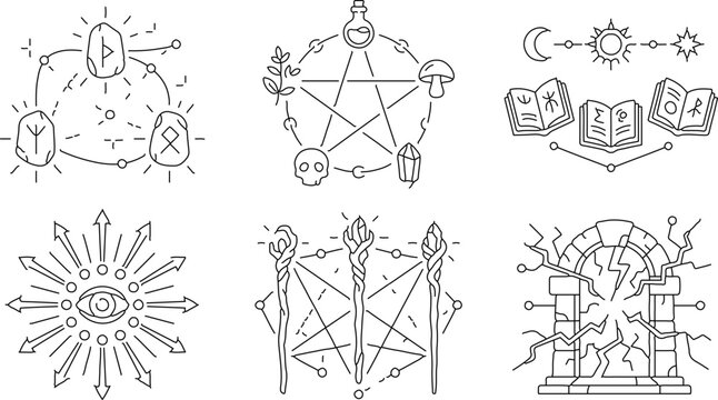 Collection of hand drawn mystical and occult symbols for magic and witchcraft.