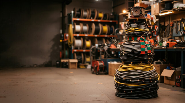 Creative snowman made of coiled electrical cables and wires in an industrial workshop. Festive electrician Christmas holiday decoration with string lights. Copy space for text