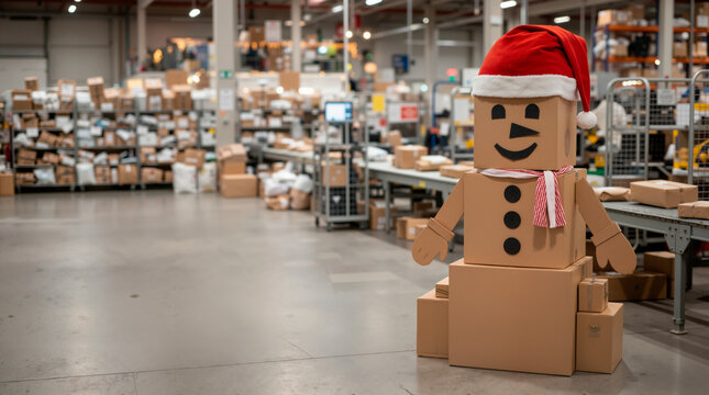 Cardboard snowman wearing a Santa hat in a warehouse. Christmas holiday shipping and logistics concept in a fulfillment center. Copy space for text