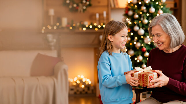 Little girl giving a Christmas gift to her grandmother. Happy senior woman and granddaughter celebrating winter holidays at home. Cozy festive background with copy space