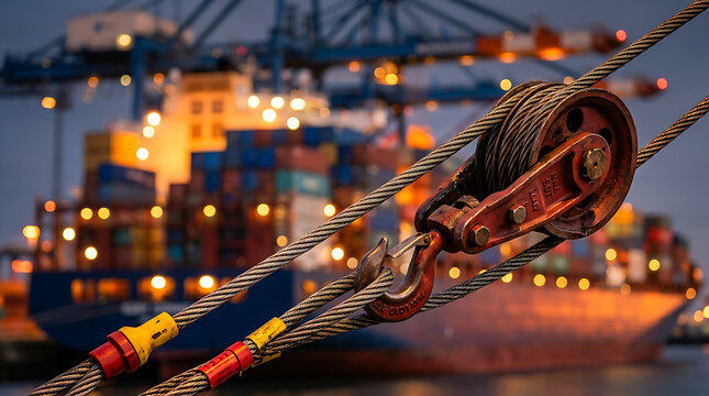 Close up of industrial shipping port equipment at dusk.