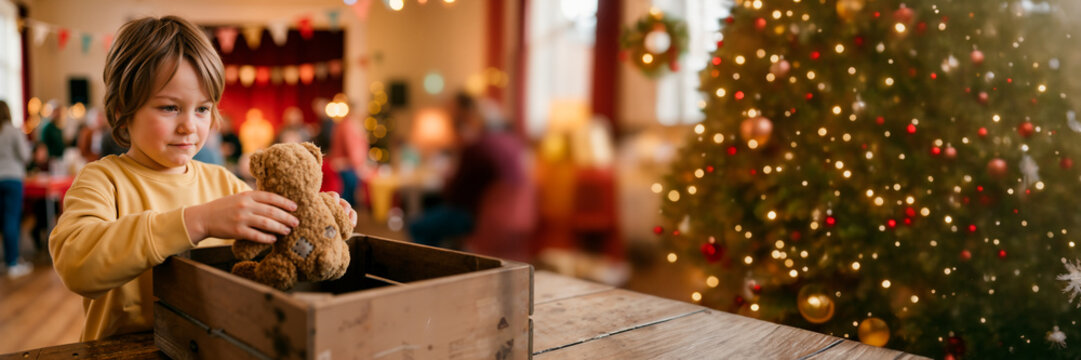 Little boy donating a teddy bear into a wooden crate. Christmas charity drive and toy donation concept. Wide panoramic banner with festive bokeh lights and holiday tree background
