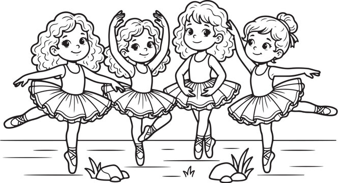 Cute Little Ballerina Girls Dancing Ballet in Frilly Tutus Vector Line Art Coloring Page