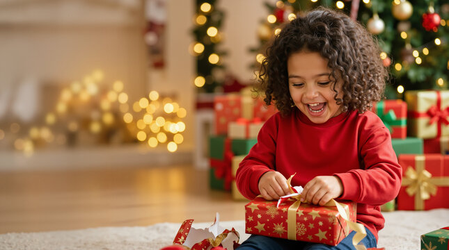 Happy child with curly hair opening a Christmas present. Excited kid laughing and untying a gift box on Christmas morning. Festive holiday background with copy space