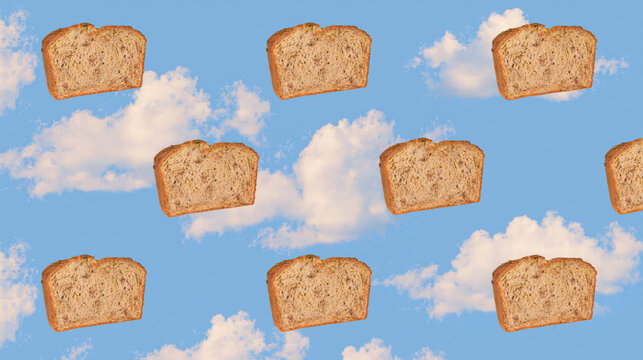 Surreal pattern of bread slices floating in blue sky with white clouds