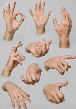 Male hands gesturing in various poses with soft studio lighting against a neutral background