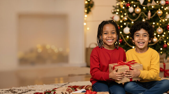 Happy children holding a Christmas gift in front of a decorated tree. Diverse kids smiling with holiday present in cozy living room. Festive background with copy space