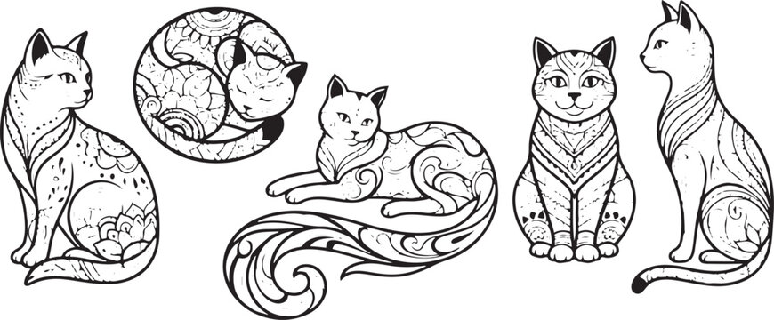 Ornamental Cats Vector Illustration Set