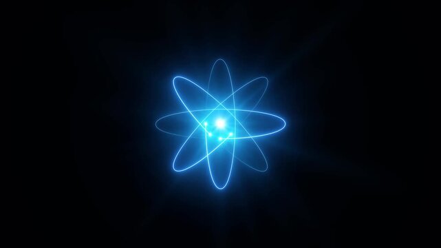Dynamic neon blue lights atom model. Abstract fire atom or fireball animation rotation around nucleus on black background. Concept of science, energy, matter, quantum physics. 4K motion atom animated.