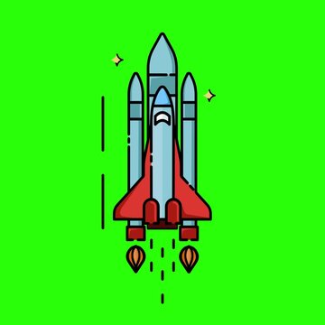 Space shuttle launch animation sequence features bold colors and clean vector lines in motion video clip