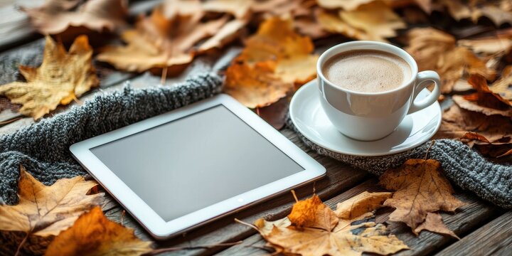 A light-colored device with a blank display beside a coffee cup on a wooden surface