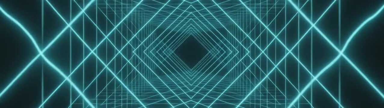 Glowing cyan grid lines creating an endless geometric tunnel Digital data visualization for virtual reality and technology concepts.