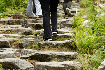 Fototapeta premium Individuals hiking up a mountain trail on uneven stone steps surrounded by lush greenery and natural vegetation in a scenic outdoor environment
