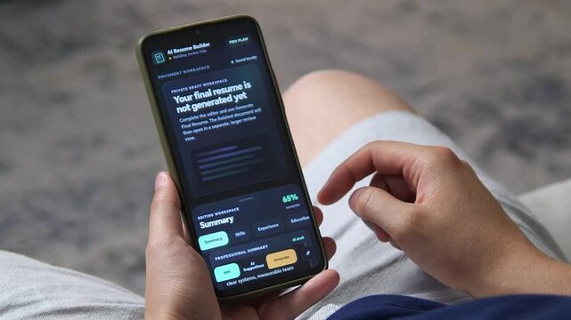 Job seeker reviews an AI-assisted resume workspace on a smartphone, reflecting the rise of automated career tools, digital hiring and smarter job application workflows.