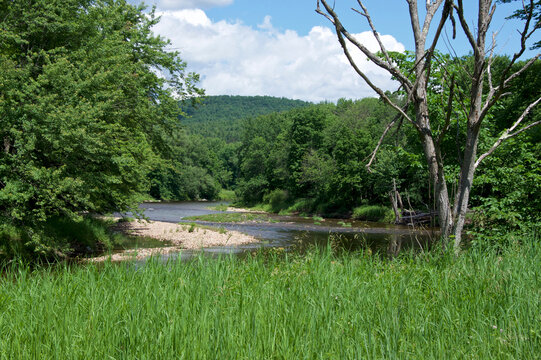 Landscape view of Ausable River in Jay NY on sunny day in summer