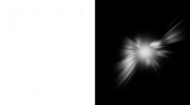 Abstract white lens flare on black background, bright light burst with radial rays, glowing sunbeam effect for photo overlays