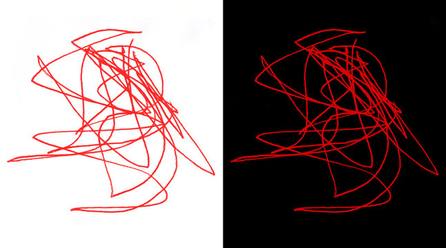 Abstract red scribble line art, messy hand drawn ink strokes on white and black background, chaotic artistic doodle set