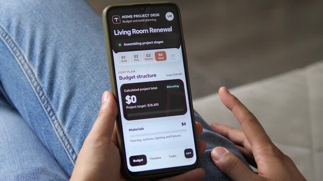 Mobile renovation planner calculates a living room budget and reveals rising project costs, reflecting growing pressure from materials, labor and home improvement expenses.