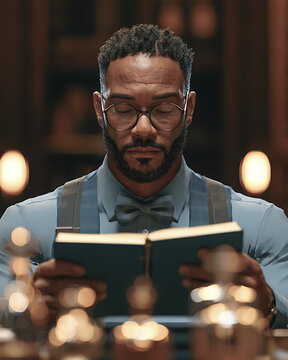 Cinematic portrait of a thoughtful man reading a book in an elegant, dimly lit interior. The warm bokeh lights, formal clothing, and focused expression create an atmosphere of learning, reflection, in