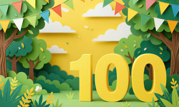 A vibrant birthday illustration features a whimsical forest with lush greenery, colorful flags, and a bright yellow background, centered around the prominent number 100.