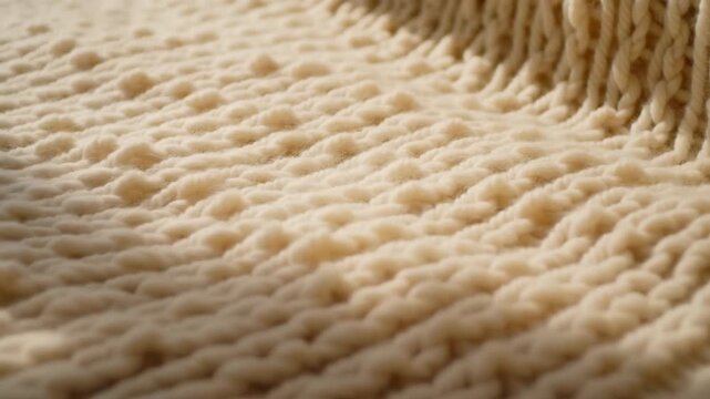 Cream textured knitted fabric surface slowly shifts with soft folds and raised fibers, showing cozy textile detail, warm neutral tones, close viewpoint, and gentle material movement