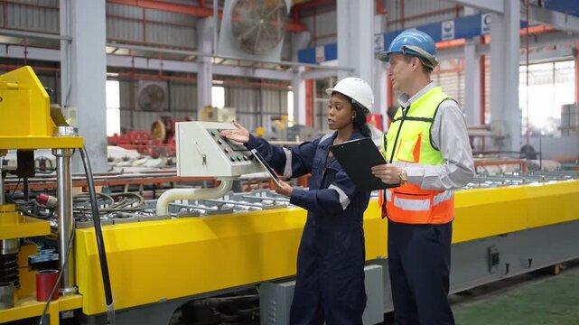 Two industrial engineers discuss machinery and review production processes during a quality control audit inside a modern manufacturing factory.