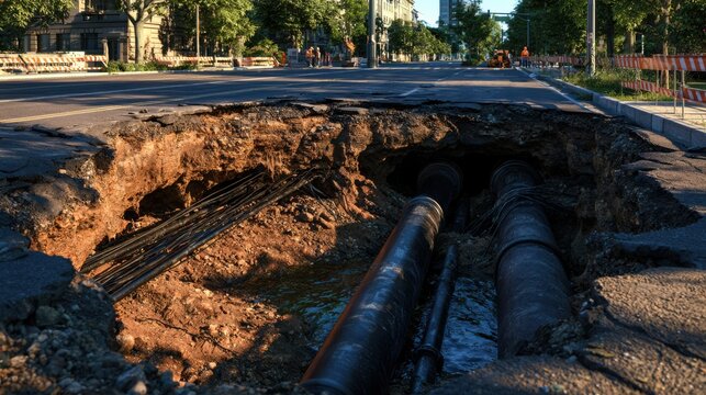 Urban sinkhole exposing utility pipes and damaged street infrastructure, highlighting emergency repair needs and public safety concerns.