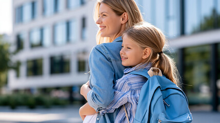 Fototapeta premium Proud mother standing beside her school-aged daughter outside a modern school, warm family connection, parental support, educational achievement, back to school, faceless