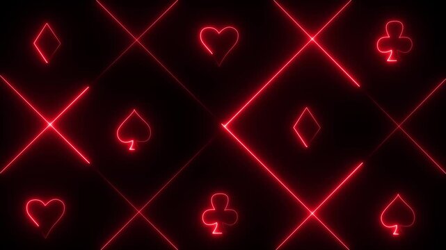 neon spade suit or symbol of playing card, gambling animation. Neon playing cards glowing with icon on black background.