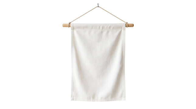 Minimalist white fabric banner mockup, blank textile wall hanging on wooden pole, clean canvas flag for branding and logo display