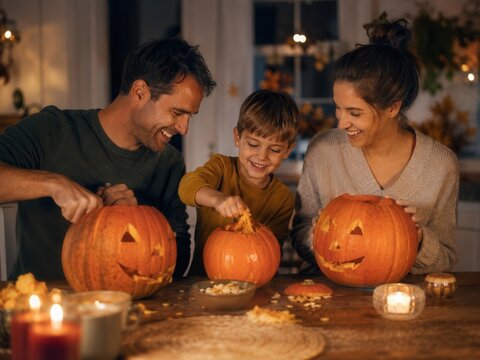 Familie mit Eltern und Kind schnitzt gemeinsam Halloween-K&uuml;rbisse am Esstisch. Die warme Beleuchtung und fr&ouml;hliche Stimmung zeigen einen gem&uuml;tlichen Herbstabend zu Hause.