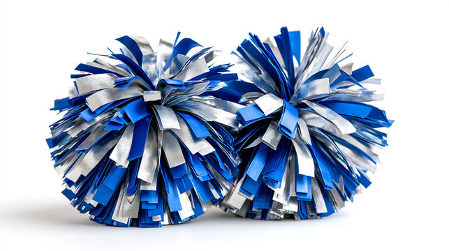 Blue and silver cheerleader pom-poms isolated on a clean transparent background, school spirit, sports celebration, team support, pep rally accessory, isolated object, with copy