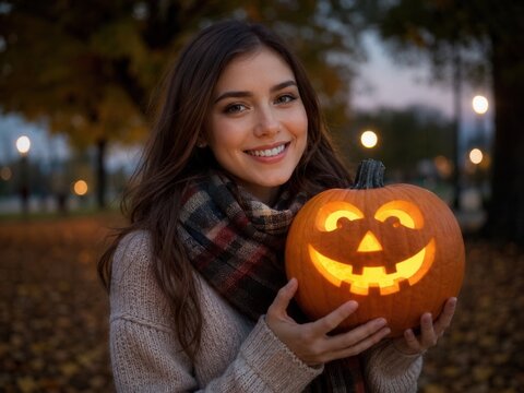 Junge Frau h&auml;lt einen leuchtenden geschnitzten Halloween-K&uuml;rbis in den H&auml;nden und l&auml;chelt in die Kamera. Herbstliche Parkkulisse und warmes Licht schaffen gem&uuml;tliche Stimmung.