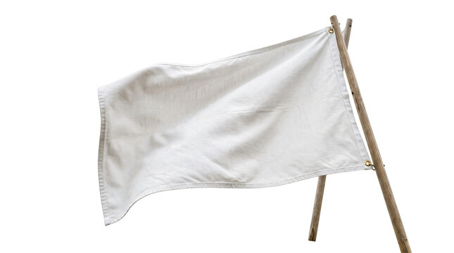 White flag waving on wooden poles, blank fabric banner on white background, surrender and peace symbol for design mockups